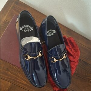 POL Men's Glossy Blue Loafers with Gold Accents